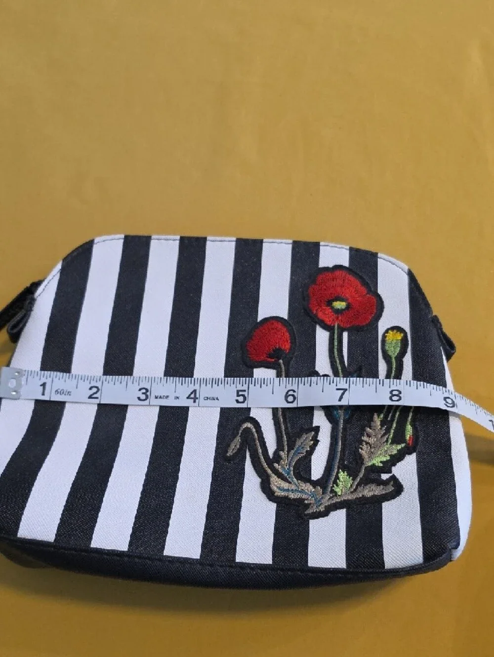 Nordstrom Striped Cosmetic Makeup Bag Featuring Red Poppy Flower Embroidery